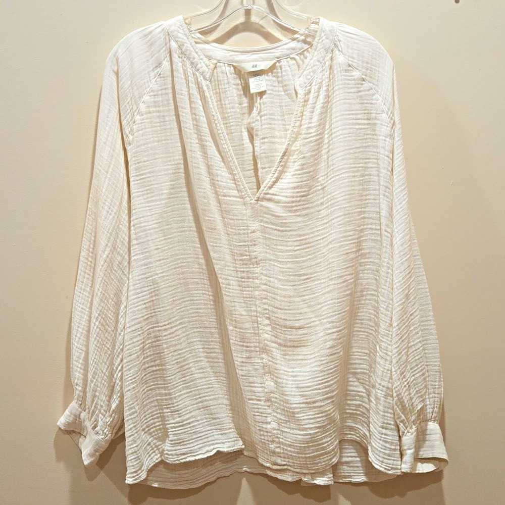 H&M White 100% Cotton Solid V-Neck Ruffle Balloon Long Sleeve Blouse XL